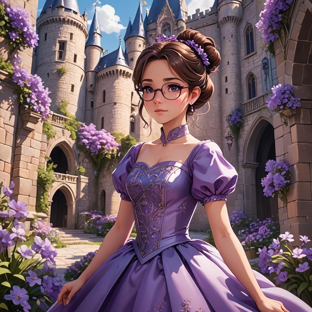 Anime Princess in Purple Ballgown in Purple Castle