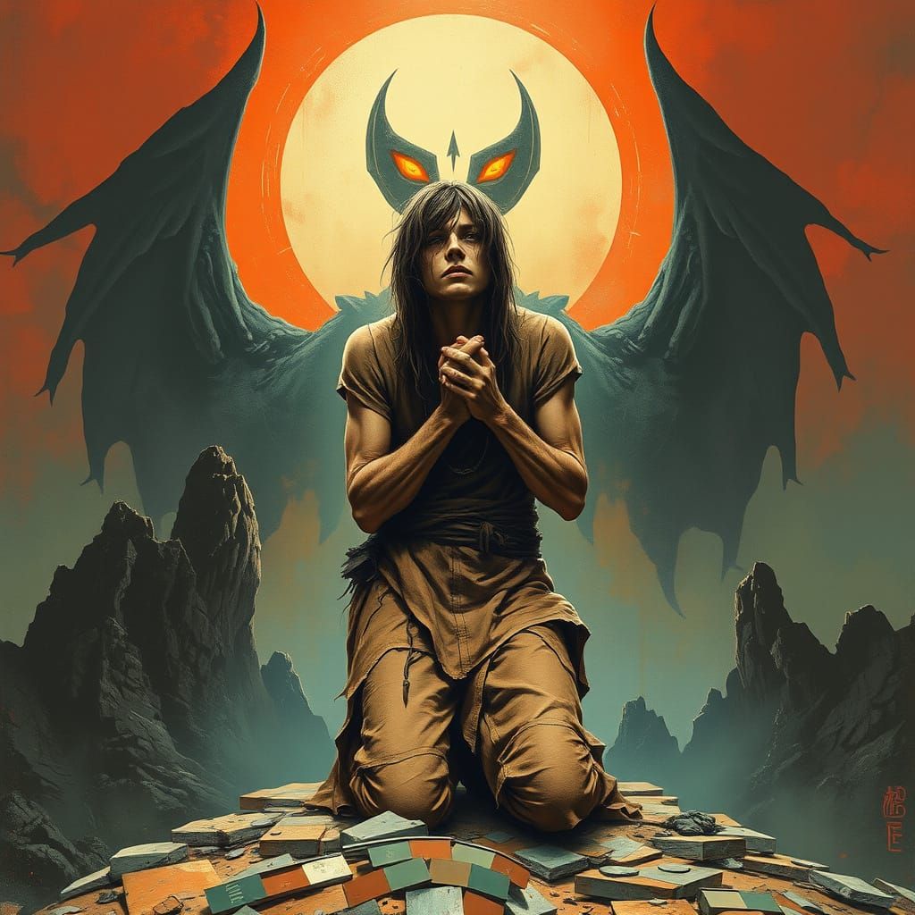 Figure Kneeling in Surrender, Dystopian Ominous Backdrop