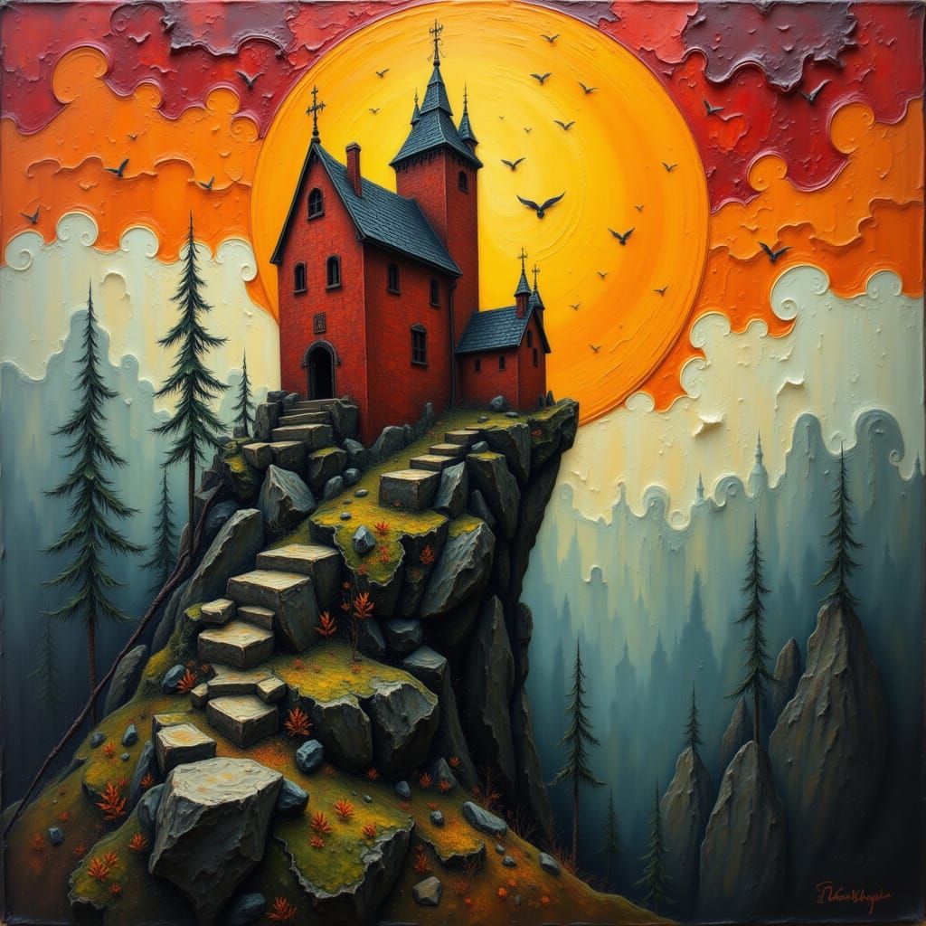 Red Castle at Dusk on Mossy Cliff in Fauvist Style