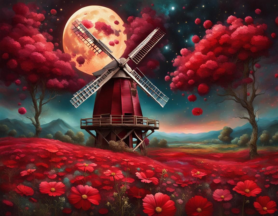 Crimson Cosmos Flower Field Oil Painting