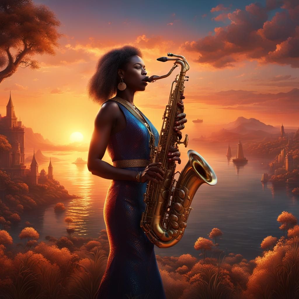 Sunset Saxophonist: Detailed Matte Painting