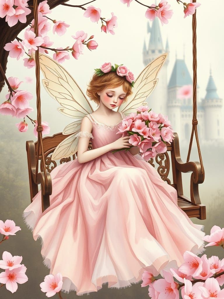 Ethereal Watercolor Fairy in Cherry Blossom Garden Swing