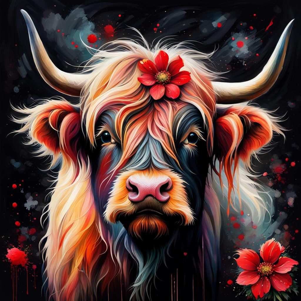 Whimsical Highland Cow Portrait in Oil Paint Style