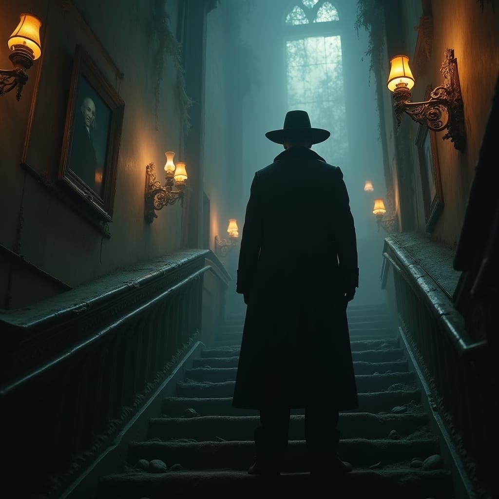 Mysterious Figure Descends into Darkness, Surrounded by Flic...