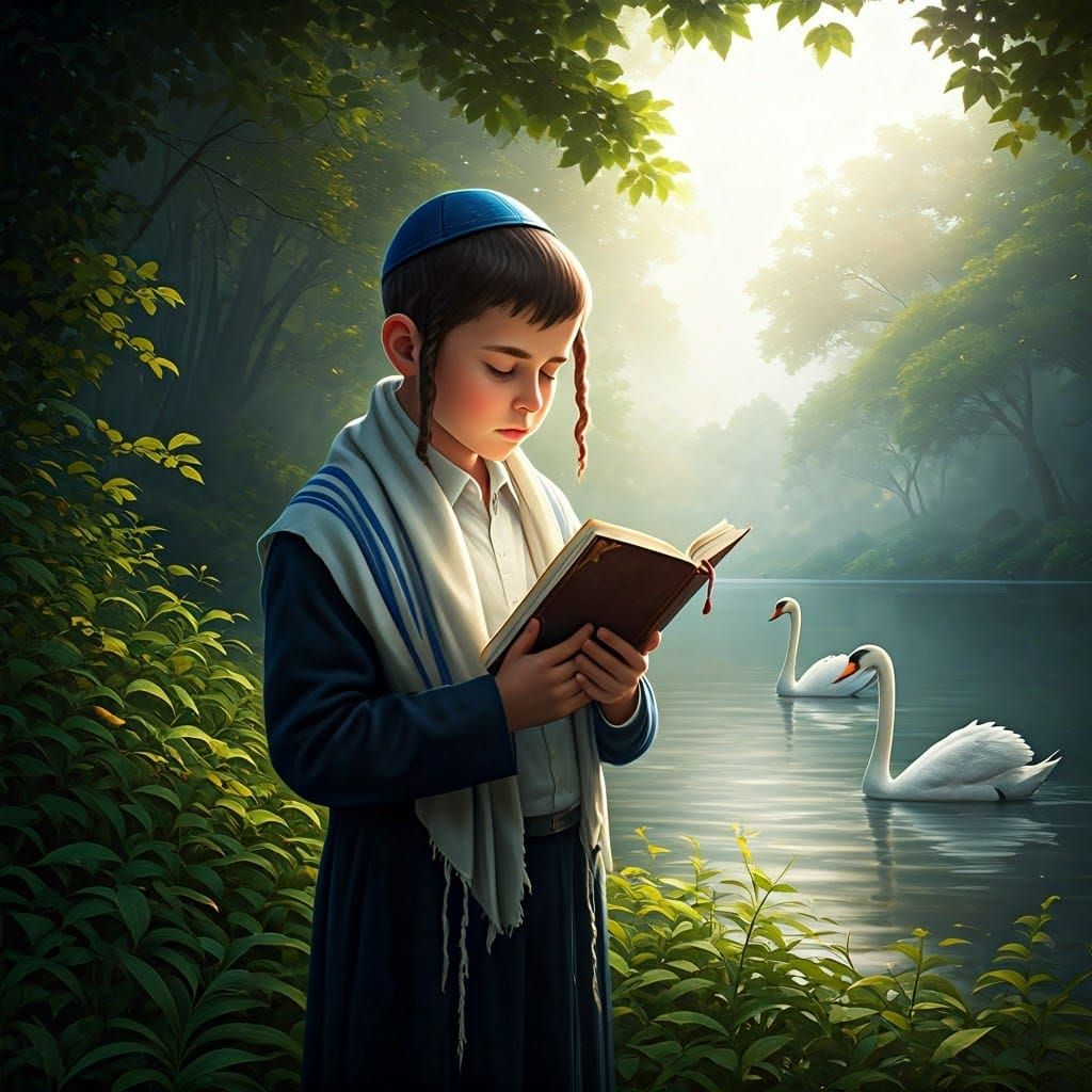 Boy Praying by Lake with Swans in Dreamy Style
