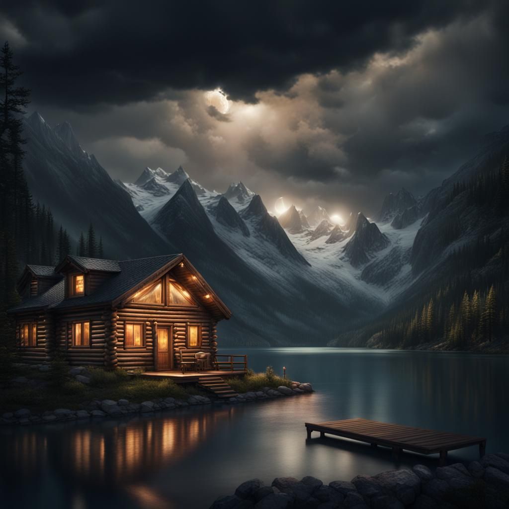 Stormy Night at Mountain Lake Cabin