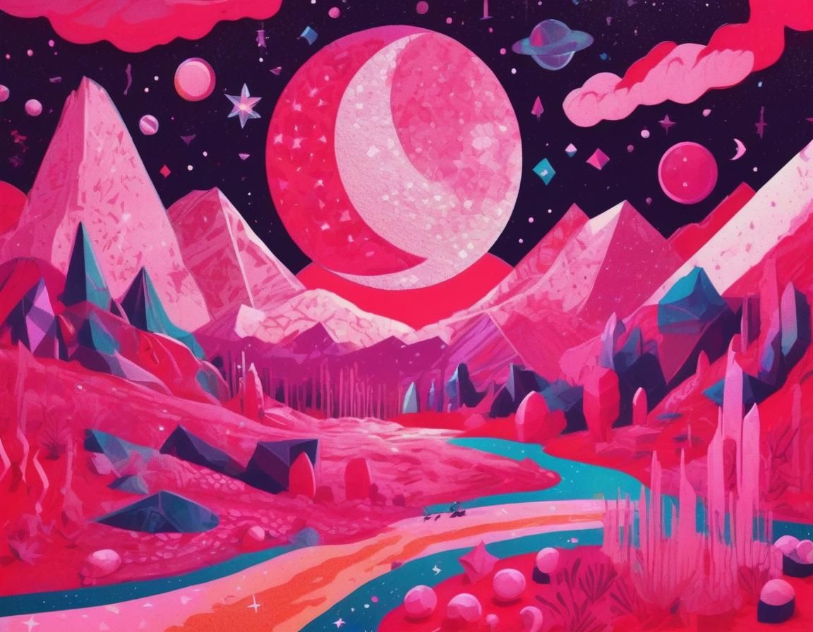 Magical Space Landscape Risograph Print in Memphis Style