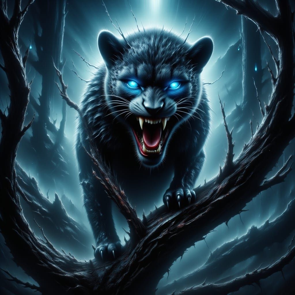Evil Indigo-Eyed Jaguar in Ominous Forest