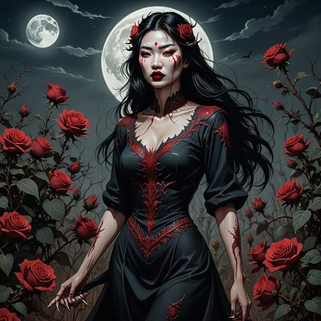 Fierce Asian Woman in Moonlit Rose Field