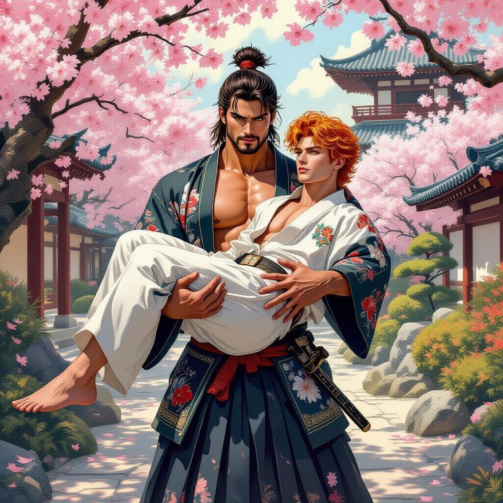 Hero Carries Prince in Serene Japanese Garden