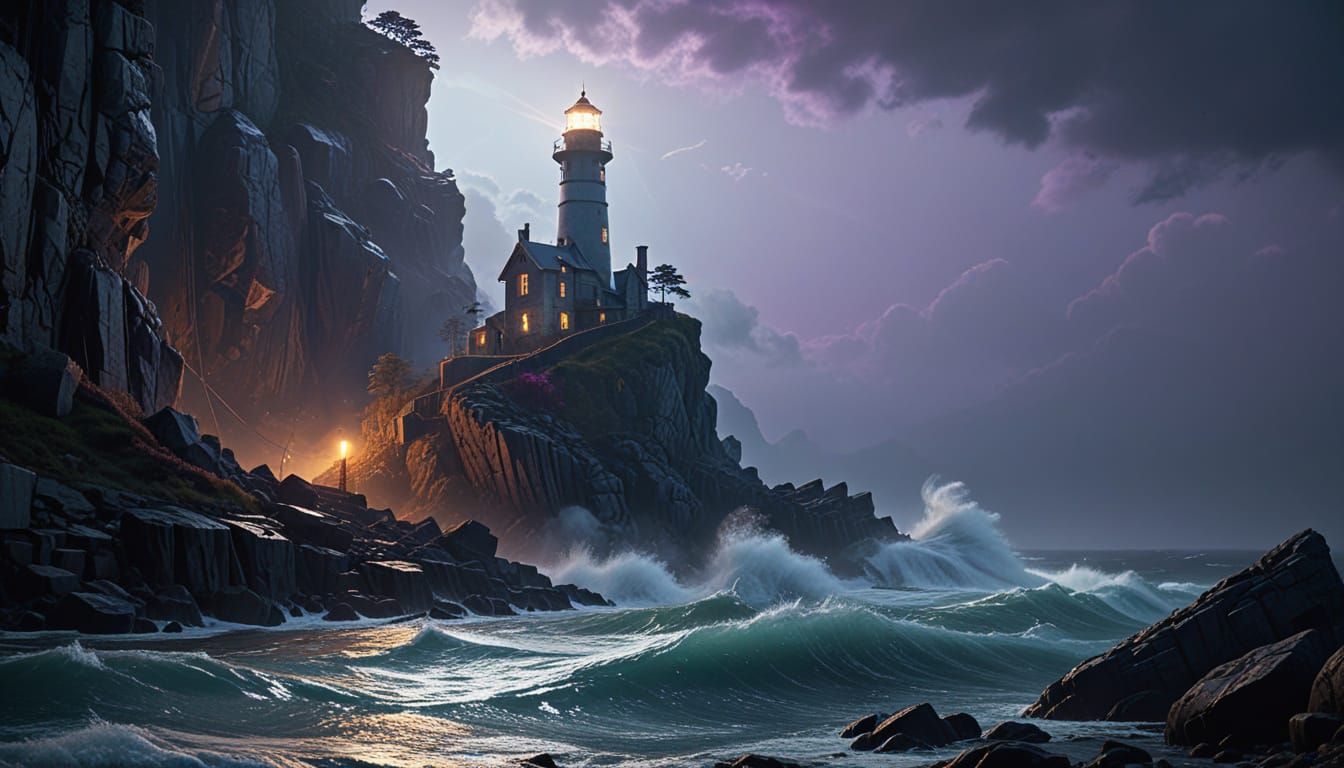 Lighthouse on Craggy Coast: Dark Fantasy Concept Art