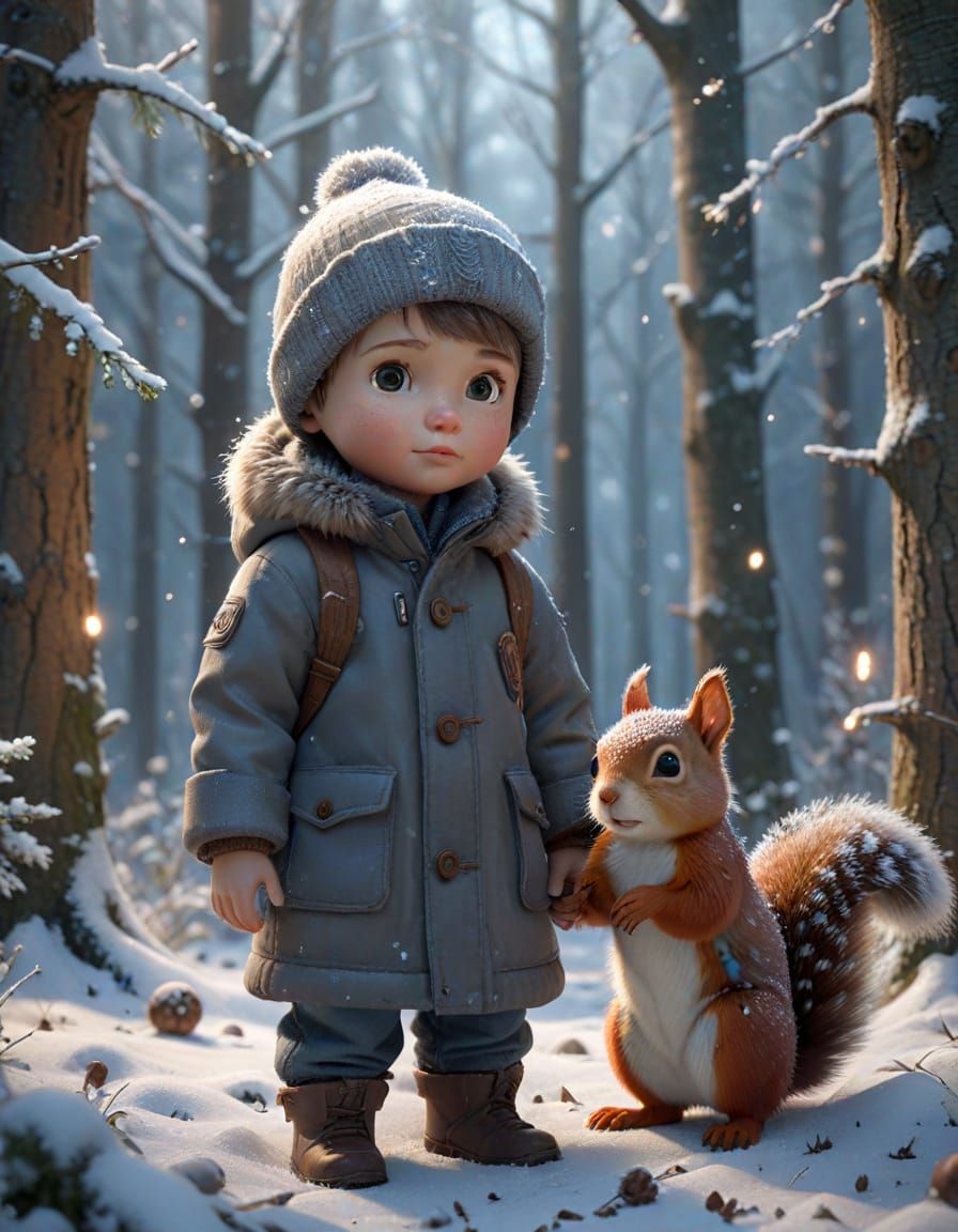 Winter Forest Scene with Doll Boy in 3D Render Style