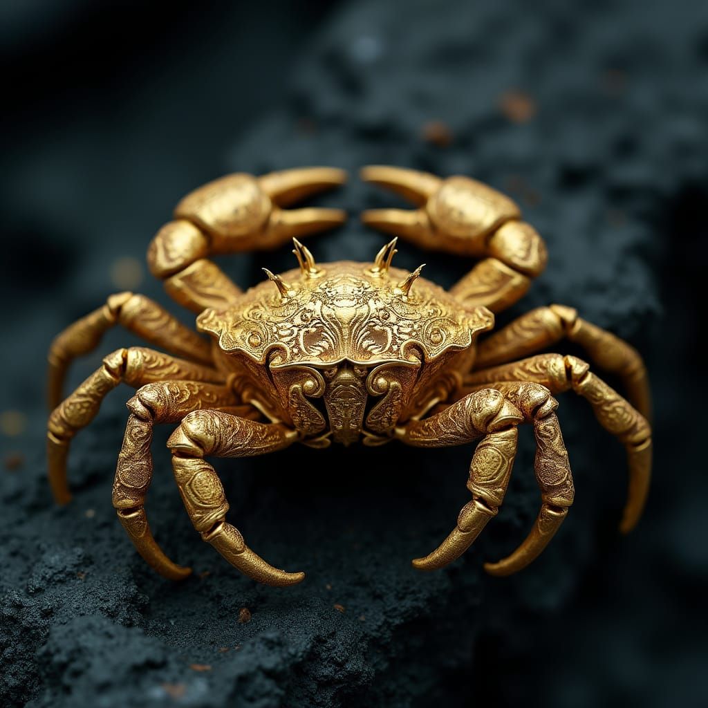 Gold Filigree Crab Jewelry in Hyperrealistic HDR