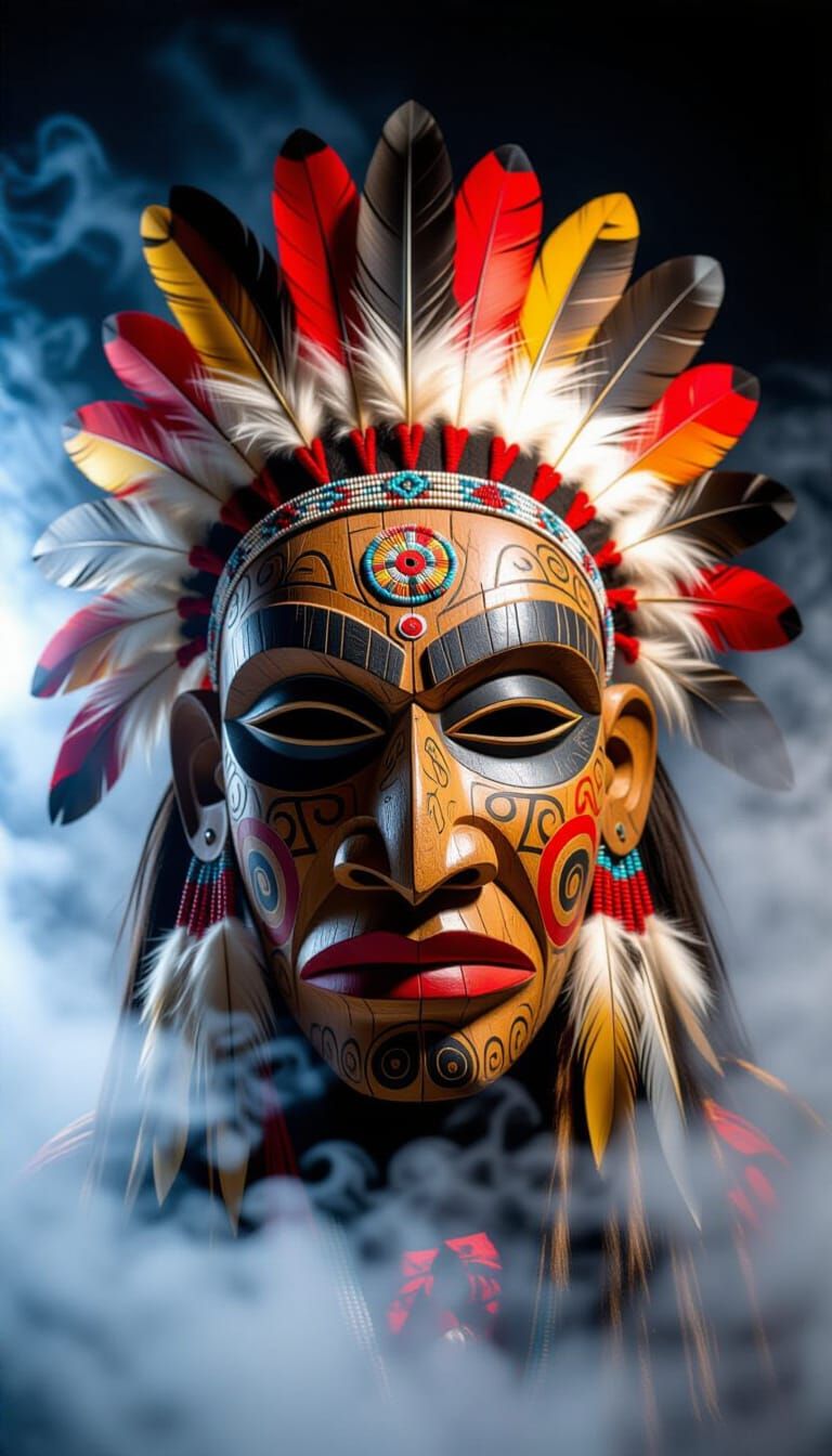Ceremonial Mask with Mystical Smoke in Dramatic Lighting