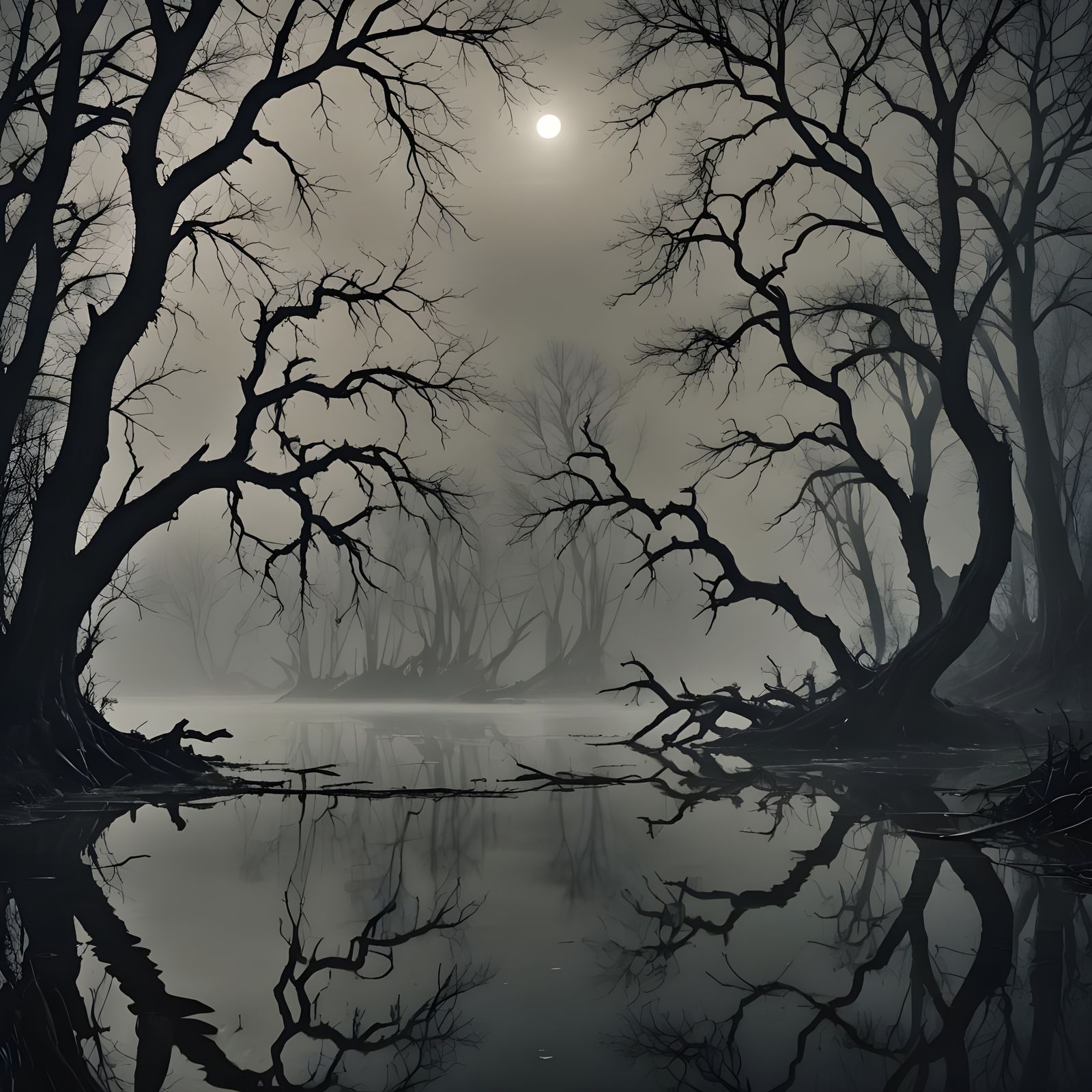 Eerie Dark Lake at Night in Dark Fantasy Style