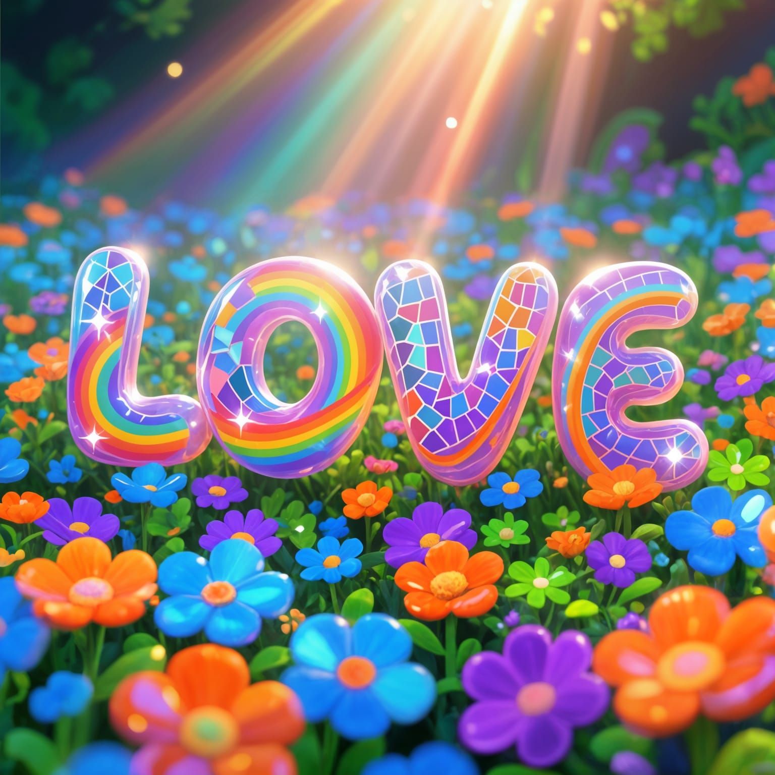 Rainbow LOVE Letters in Vibrant Flower Garden Digital Art
