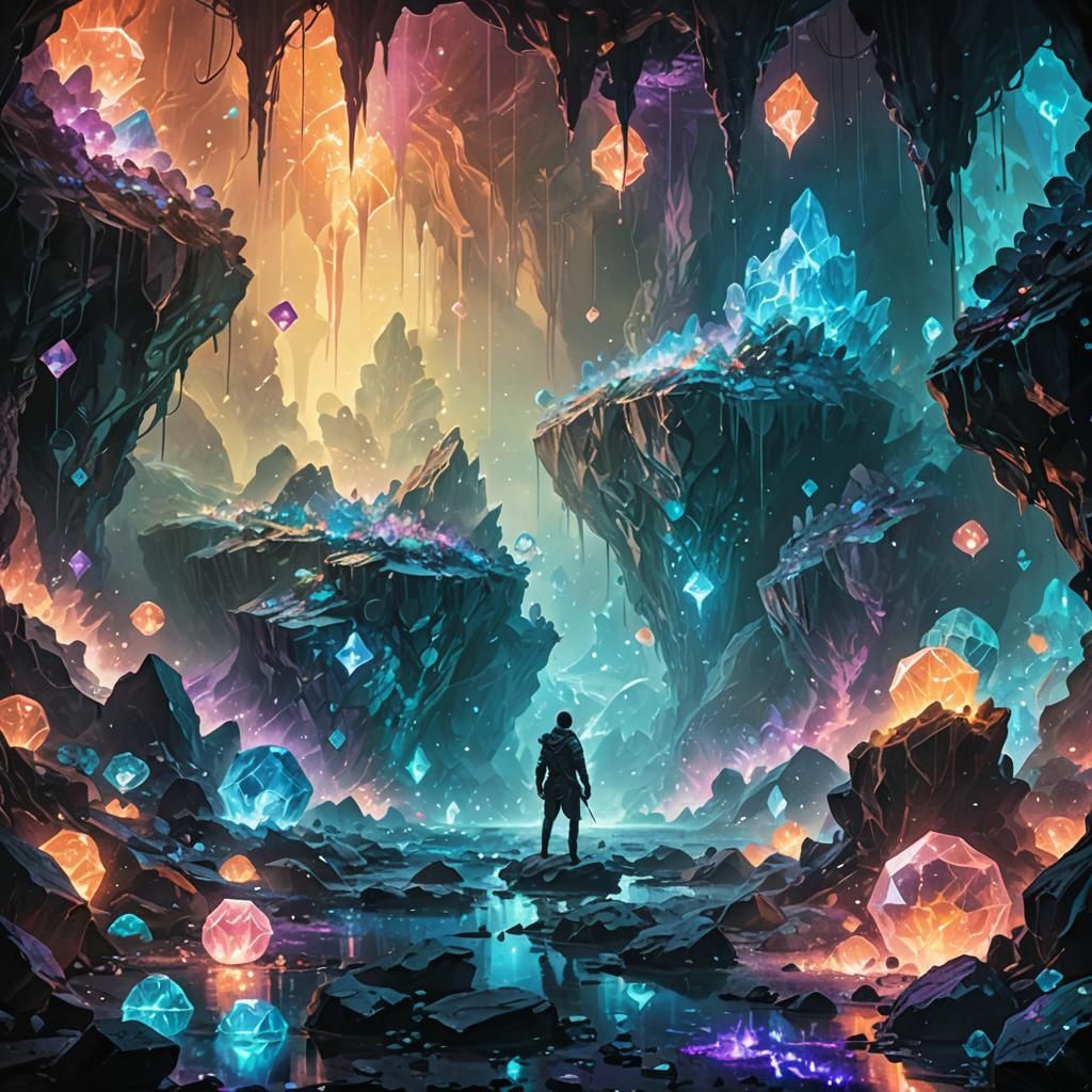 Crystal Cavern Adventure in Neon Ink Style