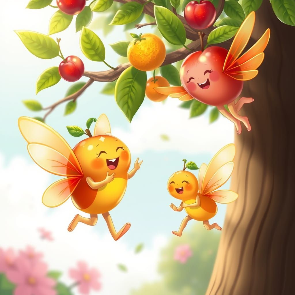 Winged Fruit Characters in Whimsical Scene