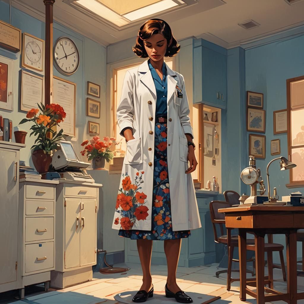 Girl's Doctor Visit in Mid-Century Retro-Futurism