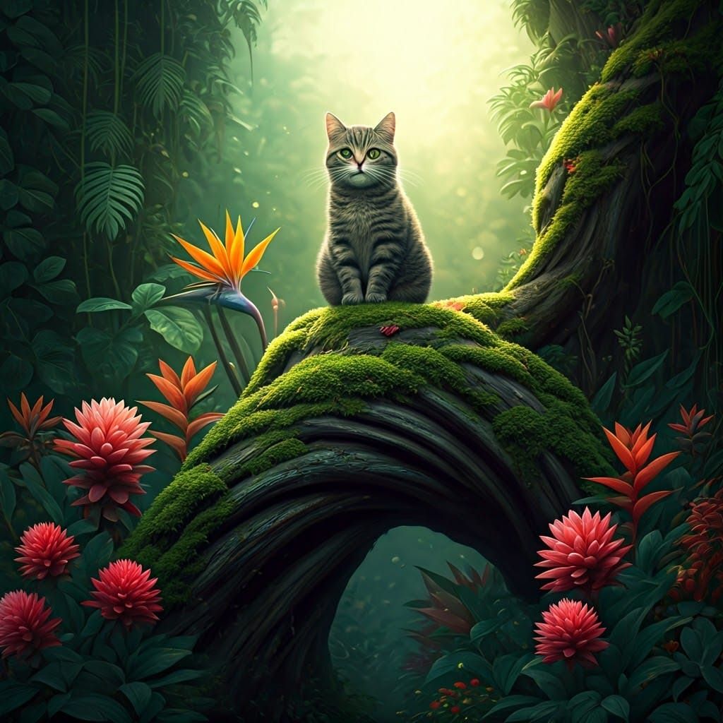 Whimsical Cat in Mystical Forest, Matte Painting