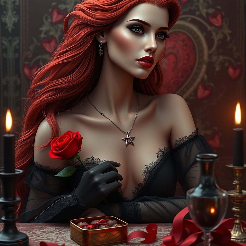 Ethereal Goddess in Red, Surrounded by Whimsy