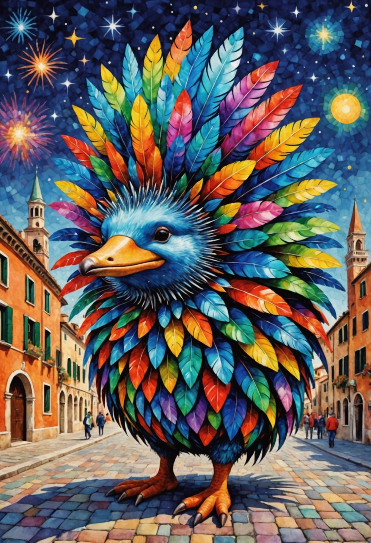 Vibrant Carnaval Scene with Cubist Feathers and Glitter