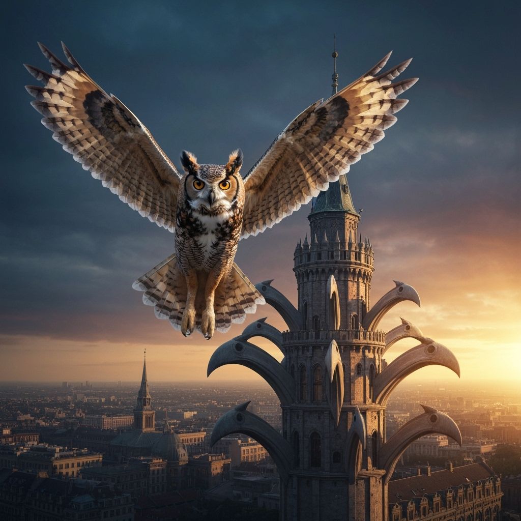 Great Horned Owl with Multiple Beaks Over Tower