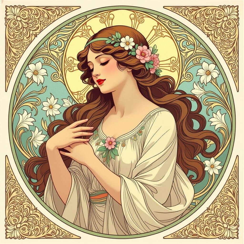 Art Nouveau Masterpiece of a Serene Woman with Floral Motifs