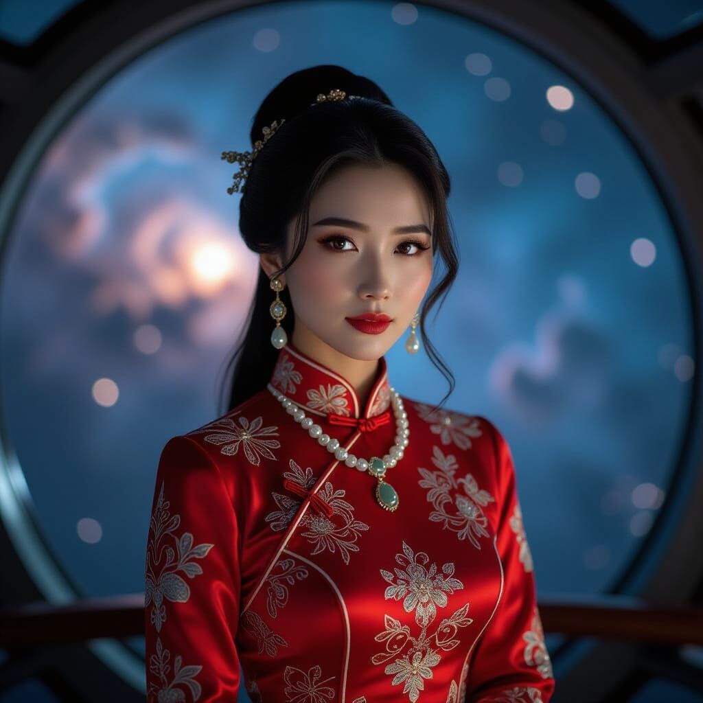 Contemplative Woman in Space Station, Cinematic Film Still