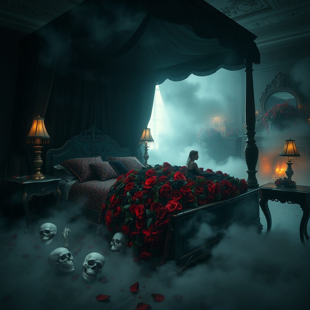 Eerie Victorian Bedroom with Apparitions and Roses