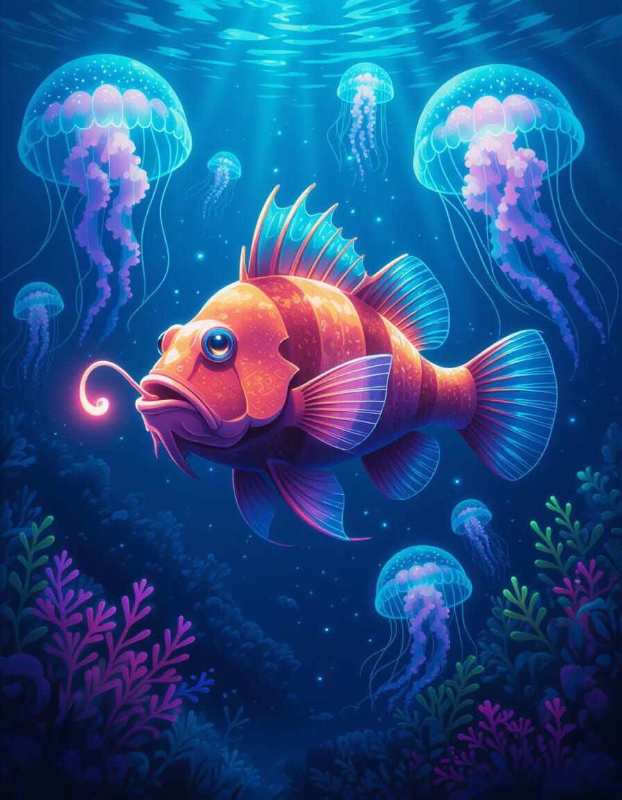Bioluminescent Anglerfish in Alien Ocean: Digital Illustrati...