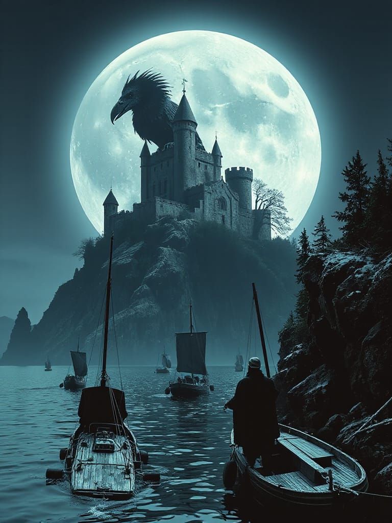 Seven Boats Approach Island Under Full Moon