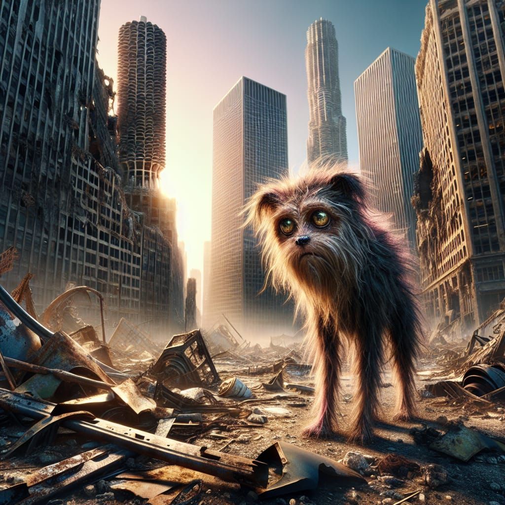 Sorrowful Creature in Decaying Dystopian City