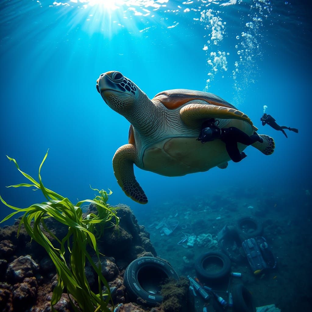 Photorealistic Sea Turtle Underwater Scene with Diver