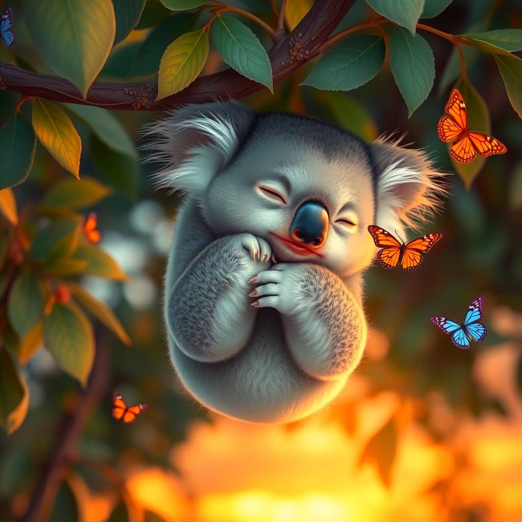 Adorable Baby Koala in Whimsical Sunset Scene