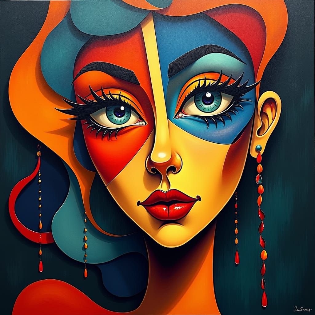 Vibrant Abstract Woman's Face in Neo-Cubist Style