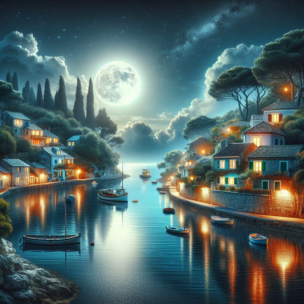 Moonlit Serenity: Coastal Town at Night