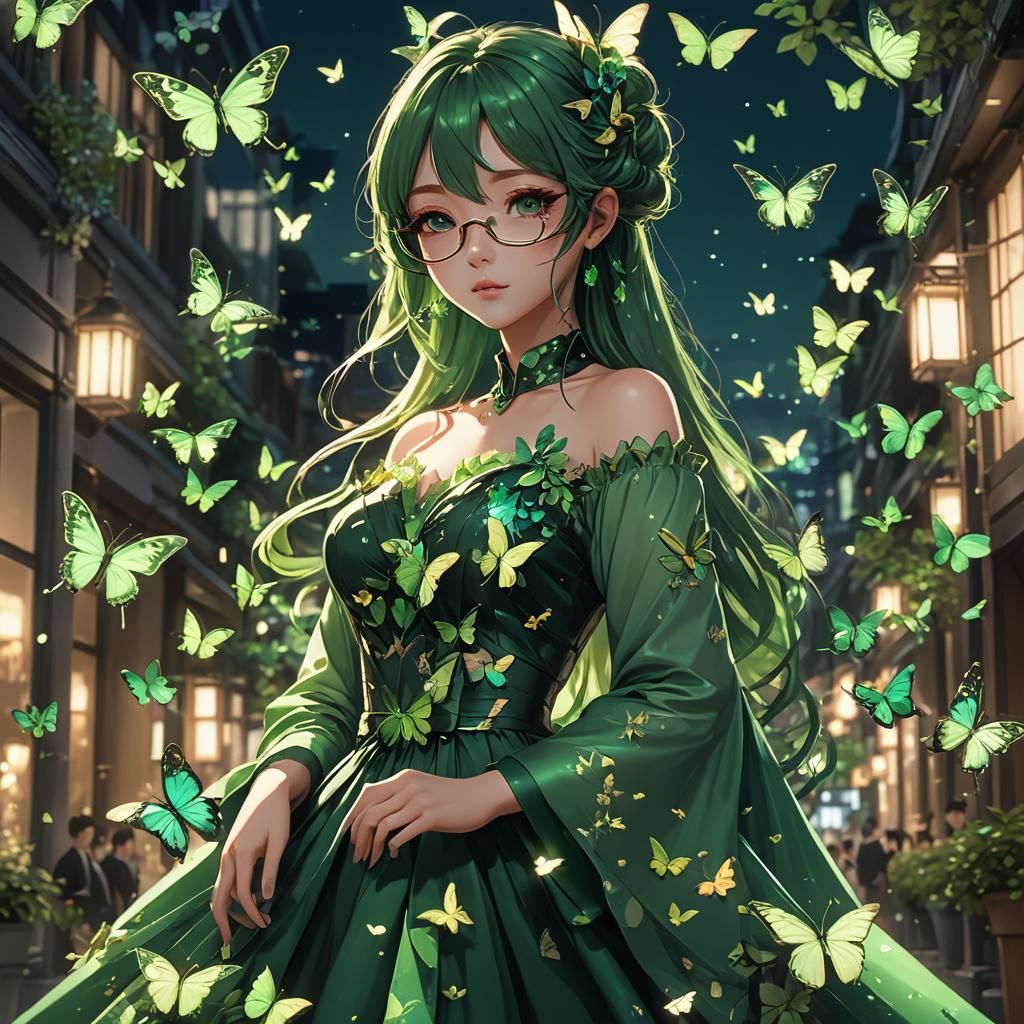 Anime Girl in Green Gown with Butterflies