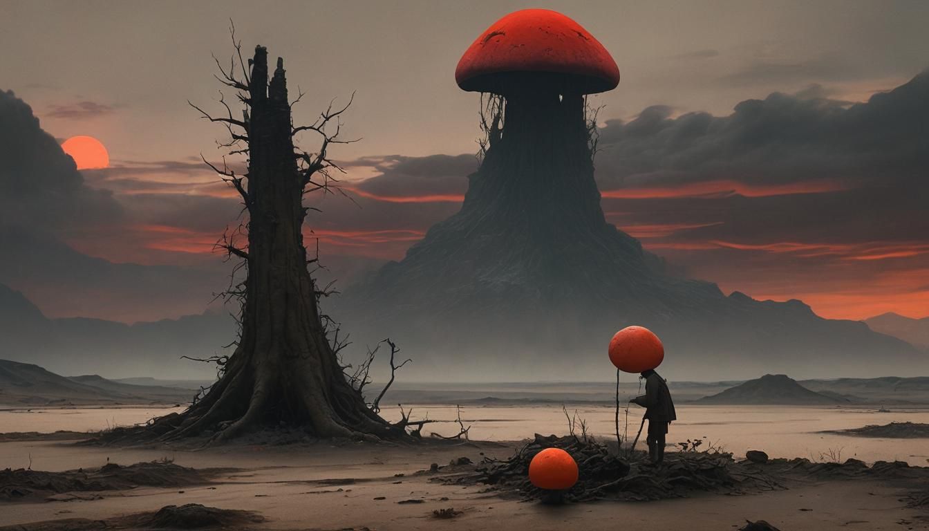 Solitary Figure Removes Mushroom in Uncanny Valley