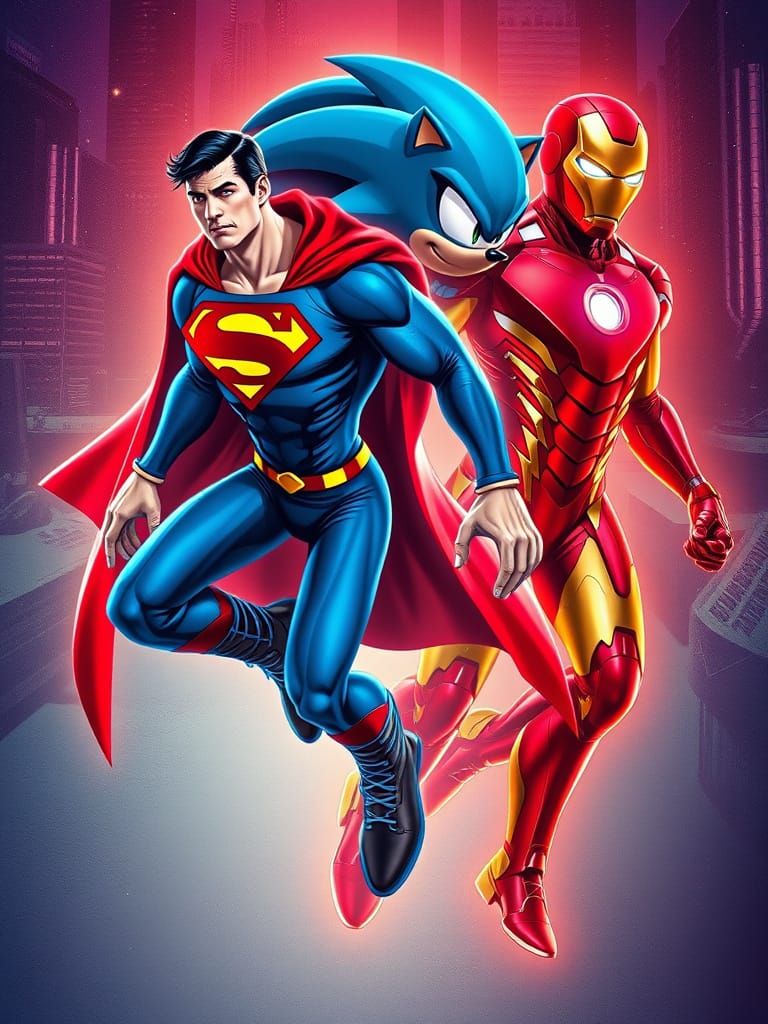 Superman as Sonic with Cyberpunk Spider-Man Iron Man