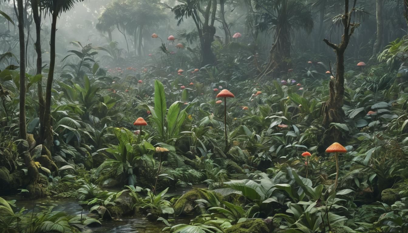 Enchanted Jungle with Phantasmagorical Fungi Digital Illustr...