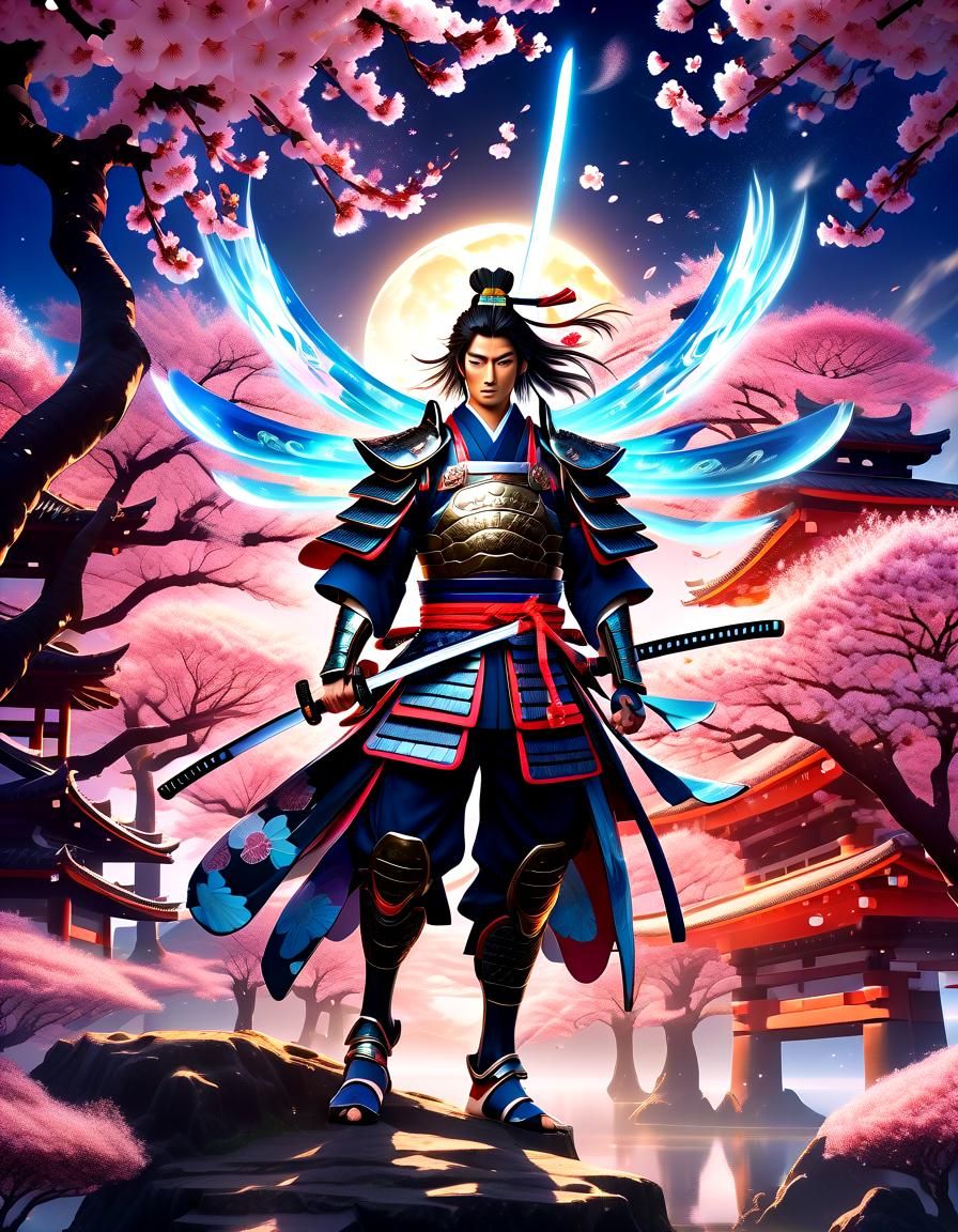 Heroic Samurai in Mystical Anime Landscape