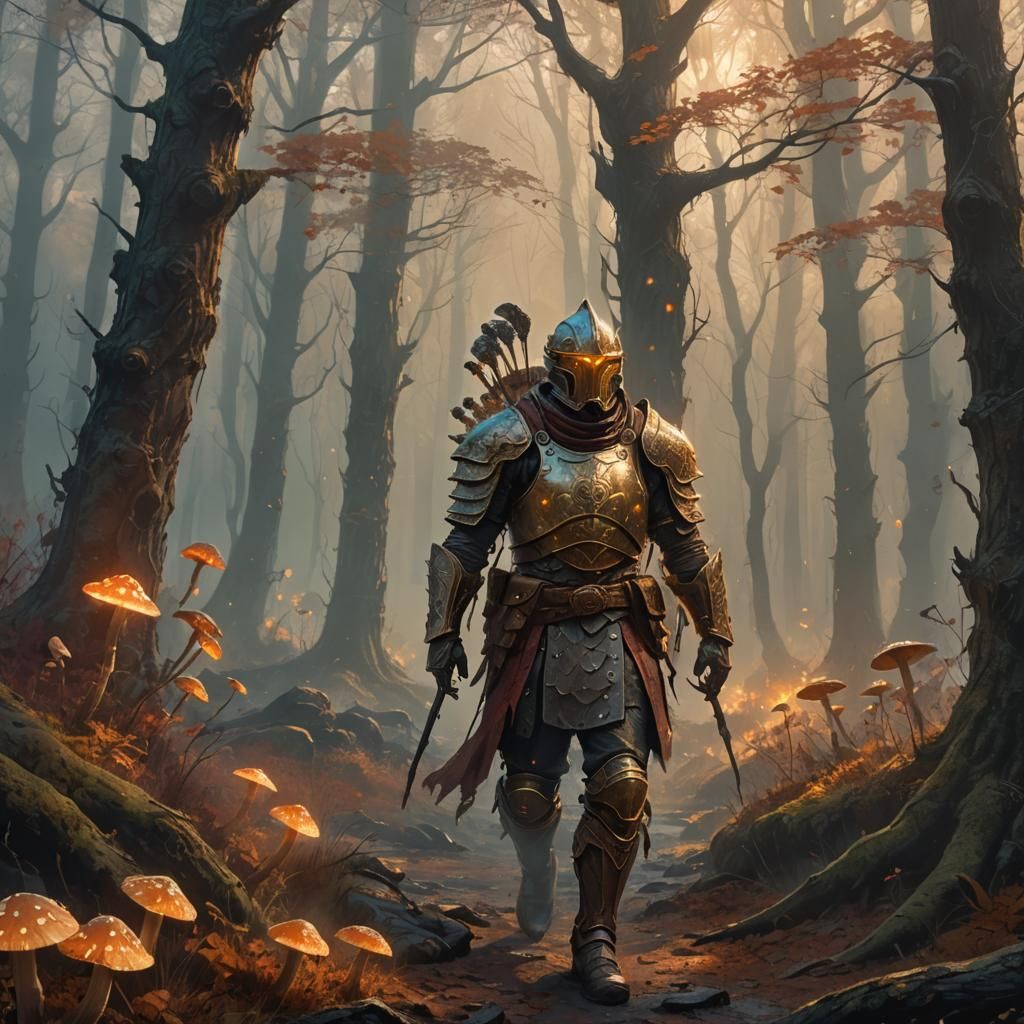 Ancient Soldier in Mystical Autumnal Forest