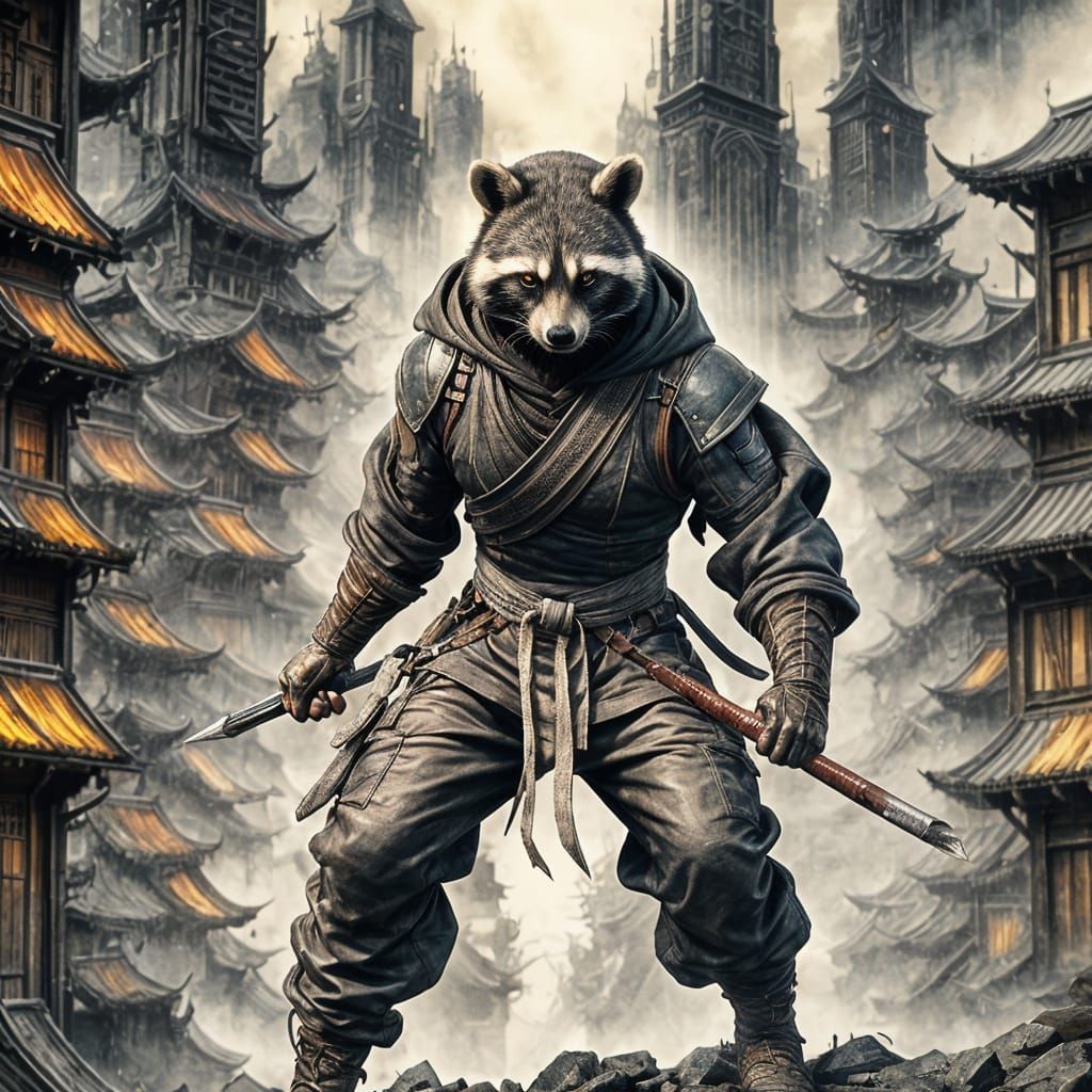 Surreal Raccoon Ninja Master in Dark Fantasy Attire