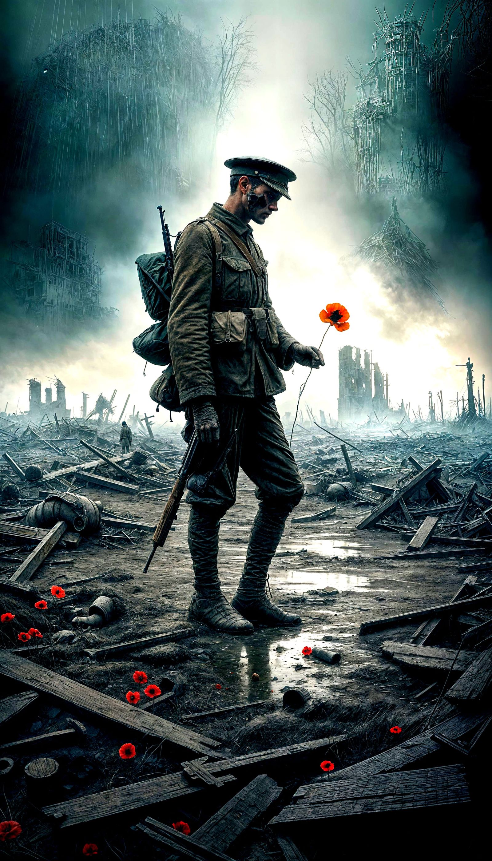 Soldier Remembers Fallen on Desolate Battlefield with Poppy