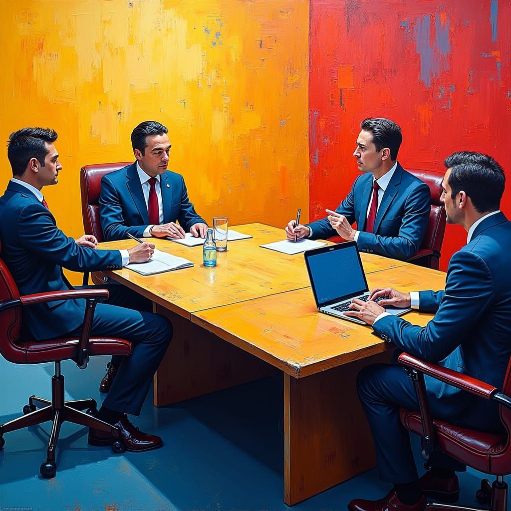 Dynamic Business Meeting in Neo-Impressionistic Style