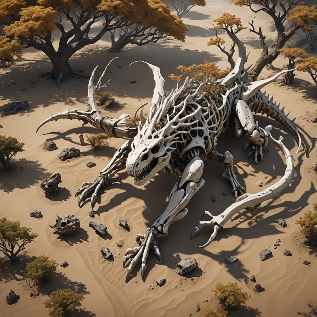 Surreal Flying Beast of Bone and Leather in Space