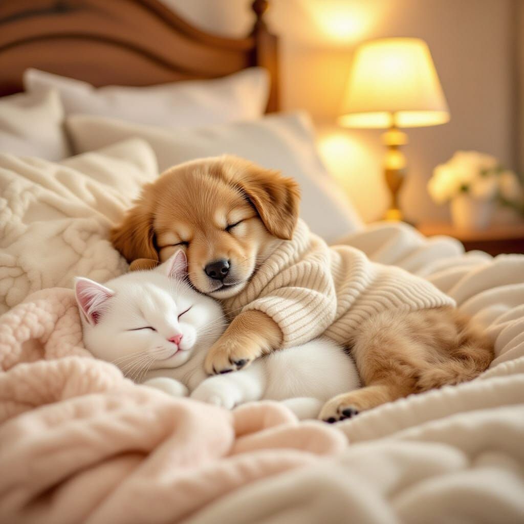 Puppy Nap on Cat Belly, Watercolor Illustration