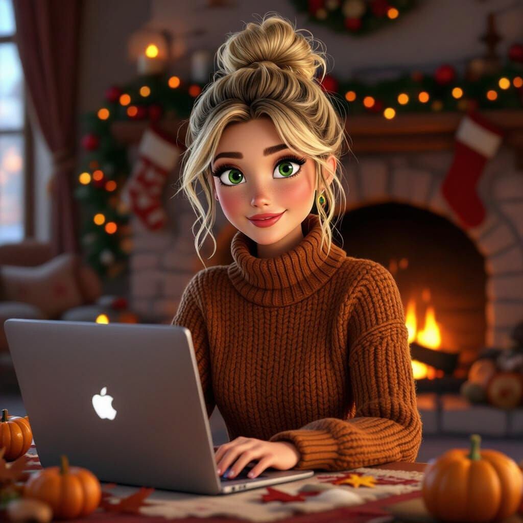Blonde Entrepreneur Working by Fireplace in Autumn