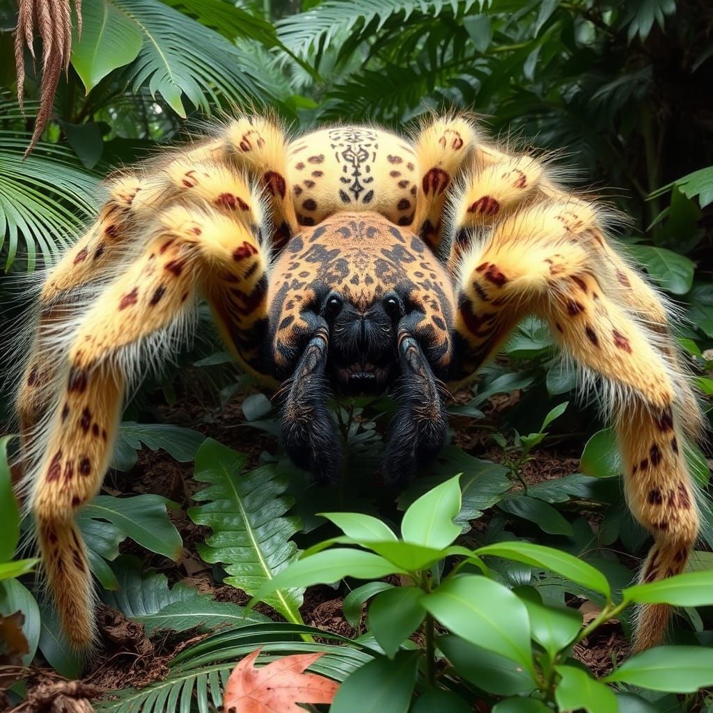 Giant Leopard-Spotted Mutant Tarantula in Jungle